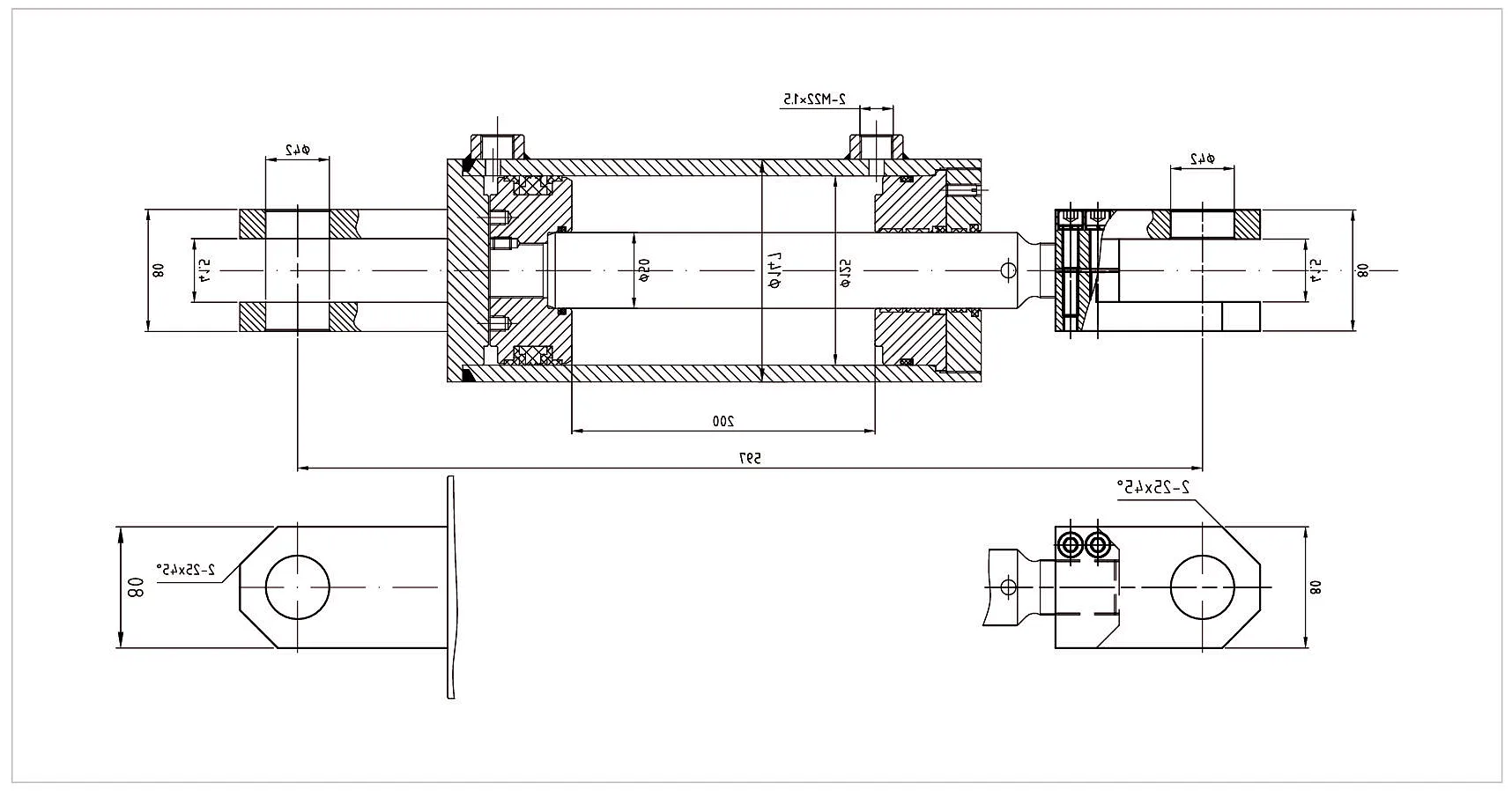 Forklift Attachment Cylinder — Φ125mm, 200mm Stroke 3 Forklift Attachment Cylinder technical specification data sheet