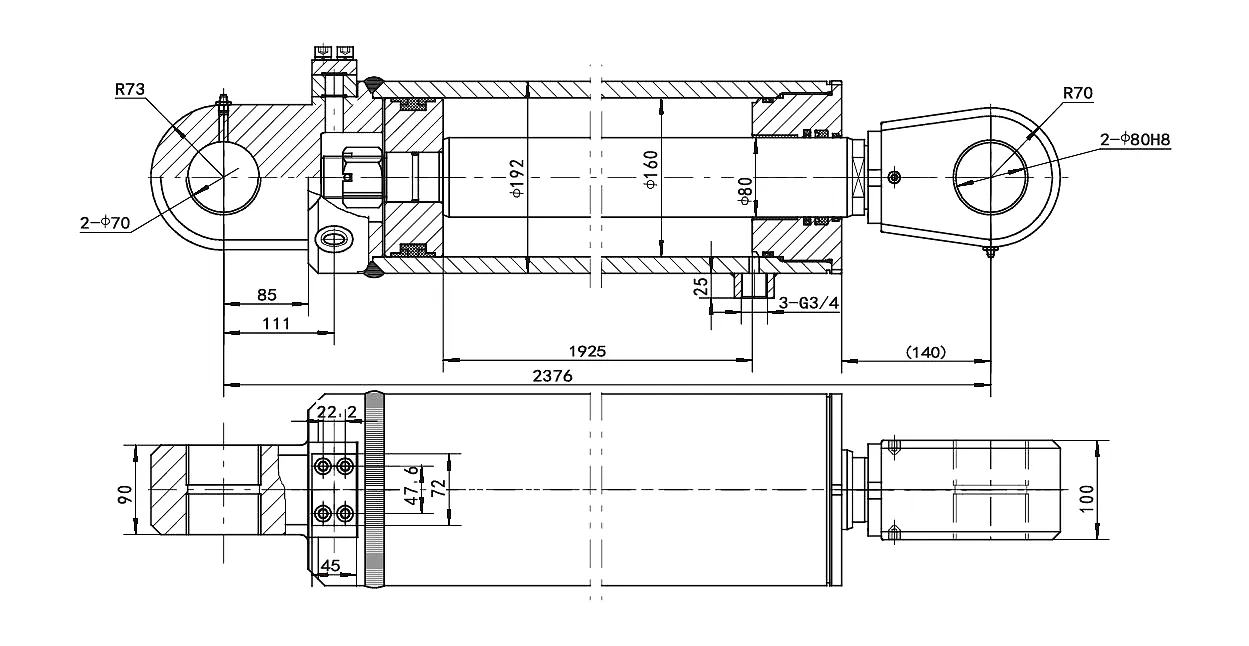 Hook-Lift Truck Swing Arm Cylinder — Φ160mm, 1925mm Stroke 3 Hook-Lift Swing Arm Cylinder HCYY11112014 technical drawing dimensions