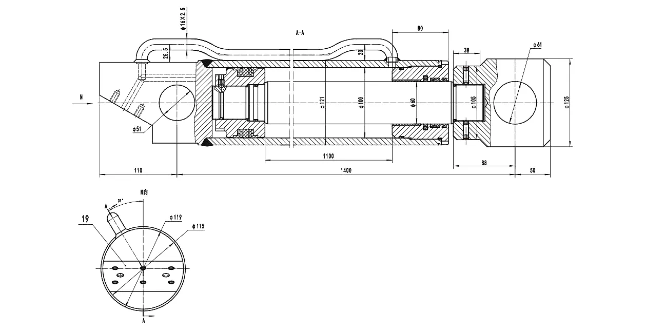 Hook-Lift Truck Telescopic Cylinder — Φ100mm, Two-Stage 3 Telescopic cylinder technical specification drawing HCYY11112015